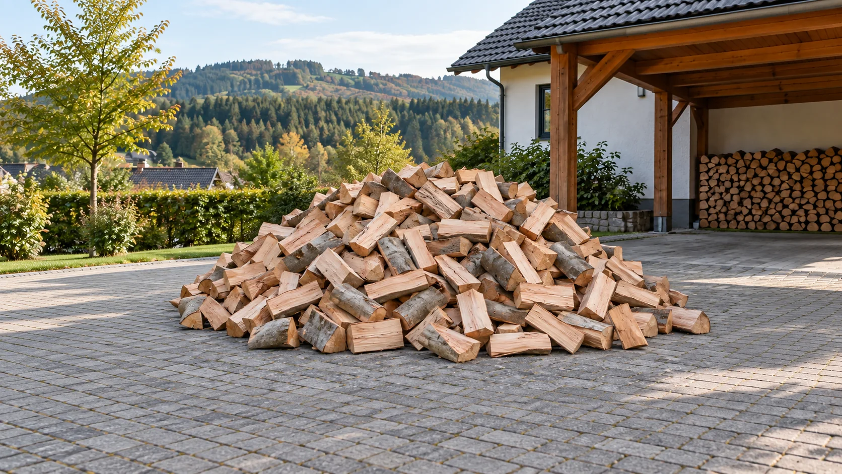 Beispielbild: lose geschütteter Haufen aus gespaltenem Brennholz vor einem Carport